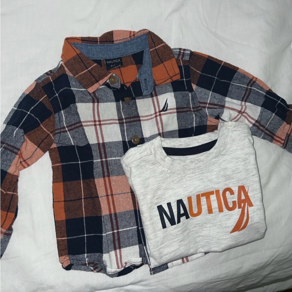 Nautica Kids Orange and Black Plaid Shirt with Logo Tee